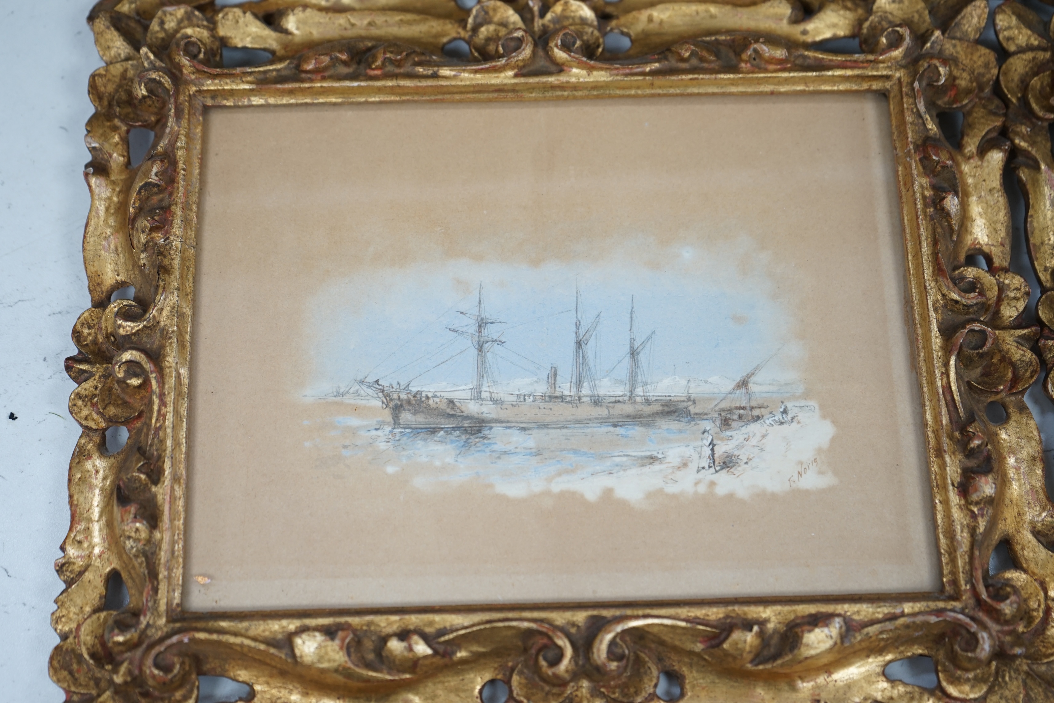 Frank V. Norie (19th century), set of four pastel and mixed medias, Maritime and coastal scenes, each signed, 15 x 19cm, ornate gilt framed. Condition - poor to fair